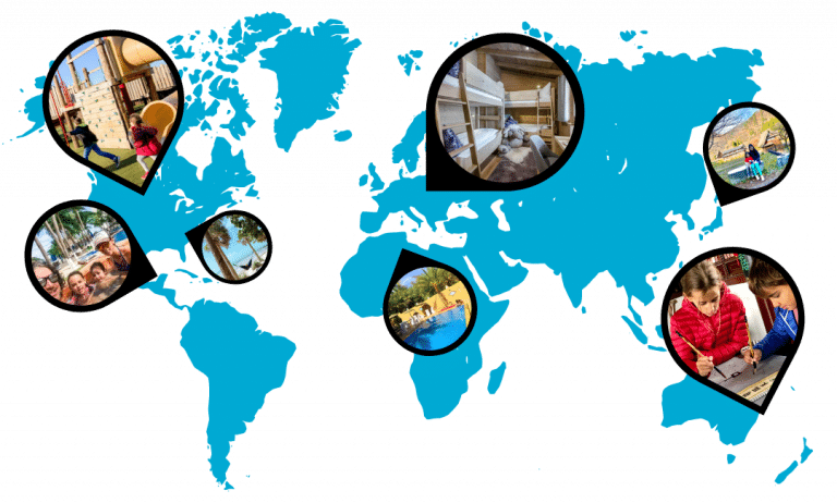 Design of a world map color blue, with little bubbles showing kid playing, playgrounds and family activities all around the world.