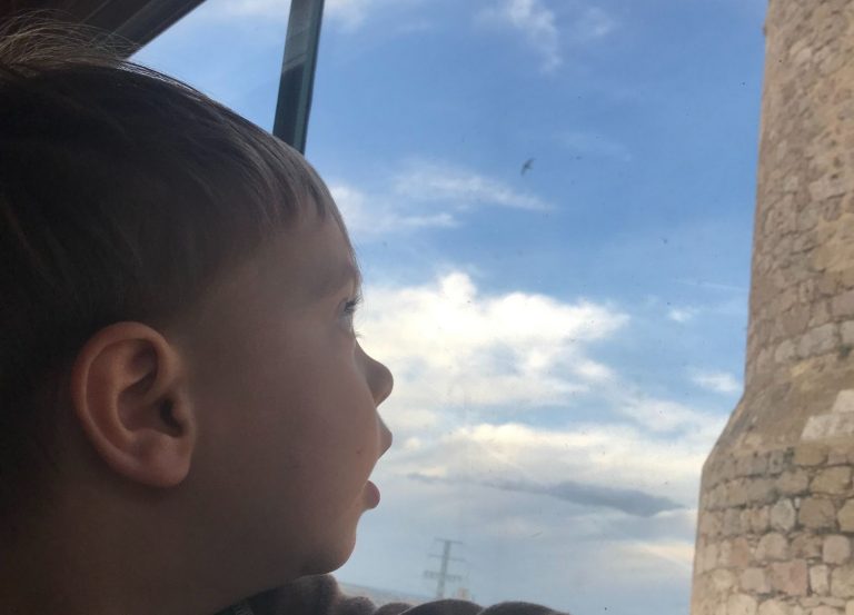 Boy looking at a castle with excitement.