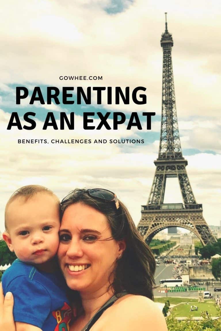 Mother holding her baby boy smilling. They are standing in front of the eiffel tower. The title on the picture says: Parenting as an expat, benefits, challenges and solutions.