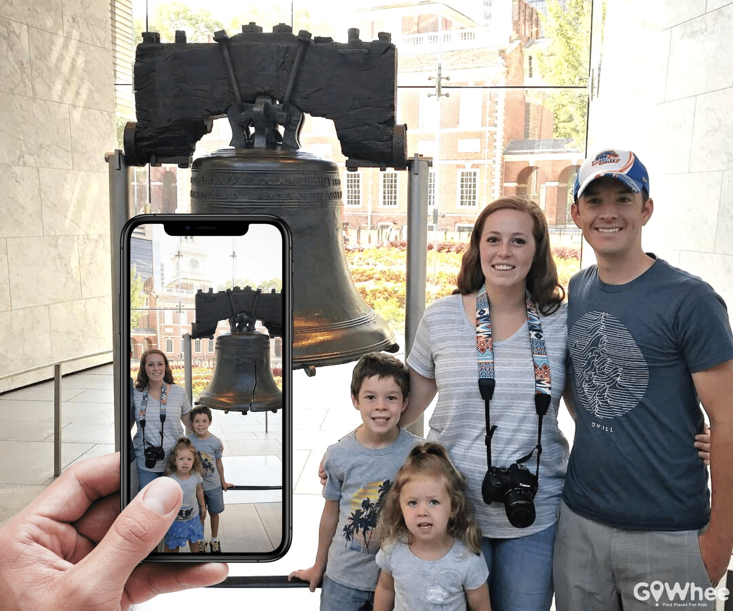 Photo of a family in front of the liberty bell. family travel photography tips​ blog cover