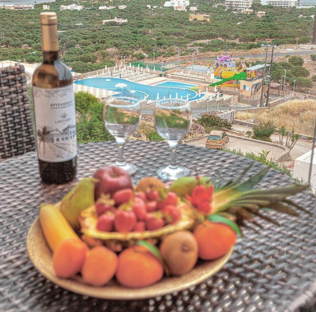 Elounda resort and water park in crete. Table with local fruits