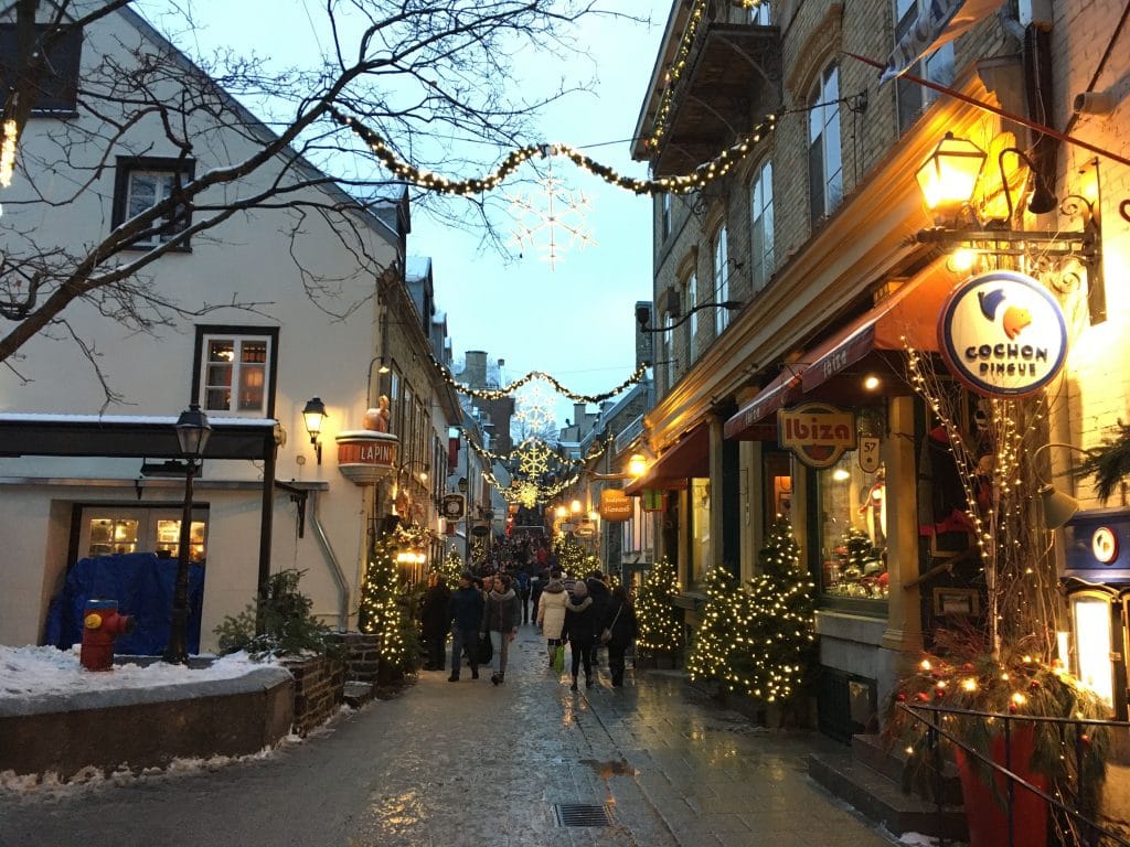 Christmas town Quebec city, decorated with lights