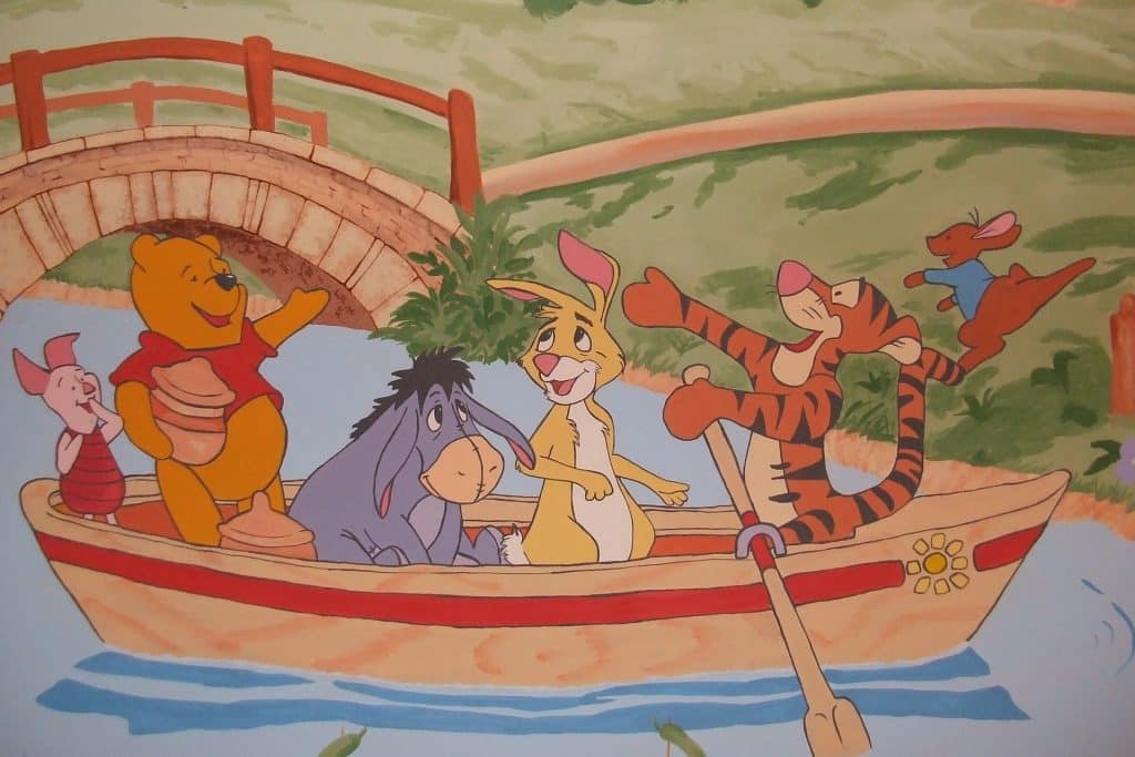 Winnie the Pooh illustration including Pooh, Eeyore, Rabbit, and Tigger