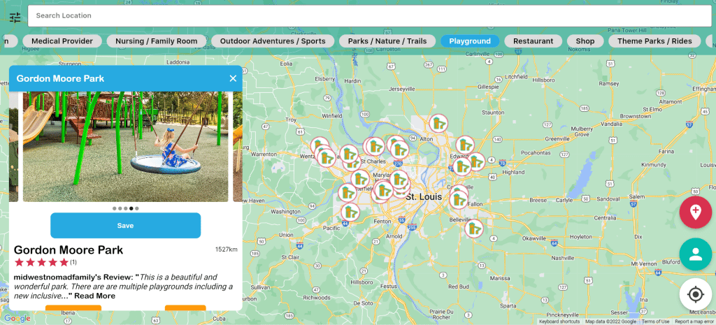 Screen shot of Gowhee App showing playgrounds near St Louis Mo