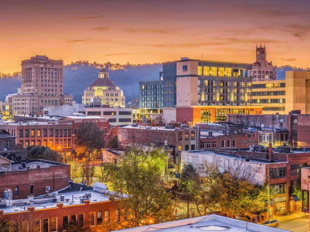 Buildings skyline of Asheville at dawn