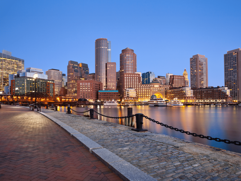 Skyline of the buildings in Boston at sunset