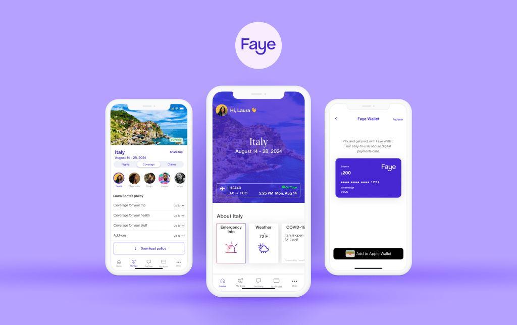 Screen shots of Faye app with digital sign up for travel insurance for families