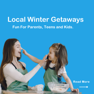 Mom and Little girl playing in a kitchen with food. Title : Local winter getaways fun for parents, teens and kids