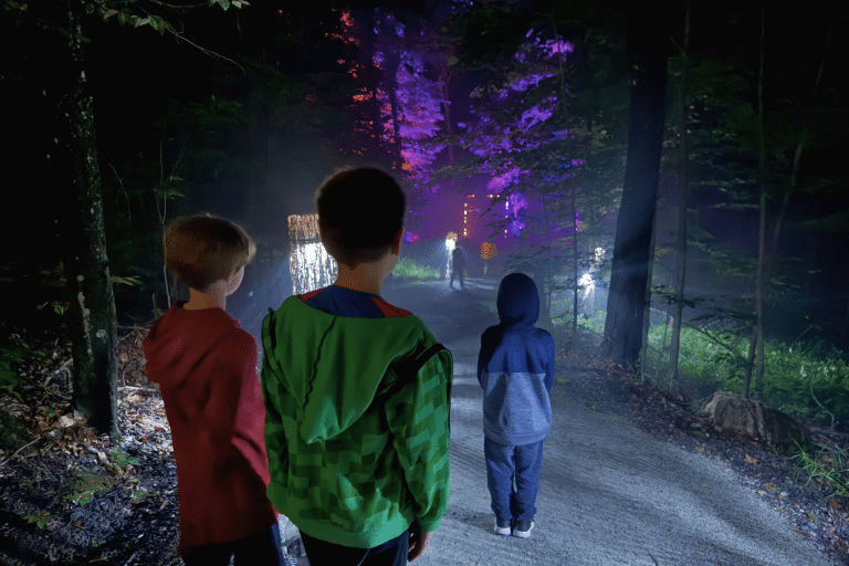 Three boys standing and looking at the light show in Mont Tremblant at night